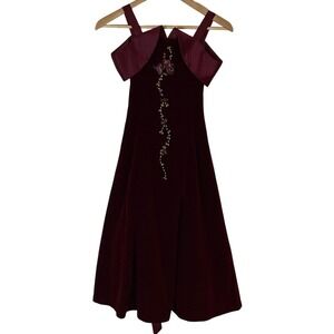Jayne Copeland Girl Elegant Burgundy‎ Velvet Dress Floral Embroidery Size 12